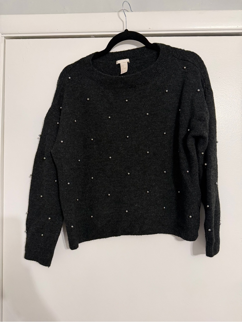 H&M Black Crewneck Sweater with Pearl Accents - Size M